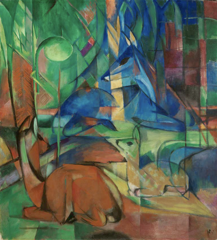 Bunte, abstrakte Waldszene mit stilisierten Tieren in Blau, Grün und Orange.